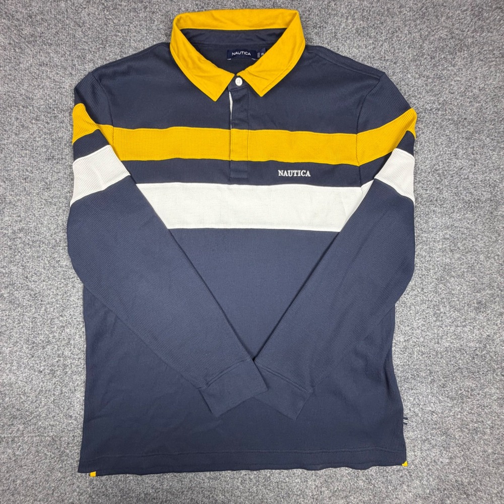 Nautica Mens XXL Waffle Knit Long Sleeve Polo Shirt Blue Yellow Stripe K47107